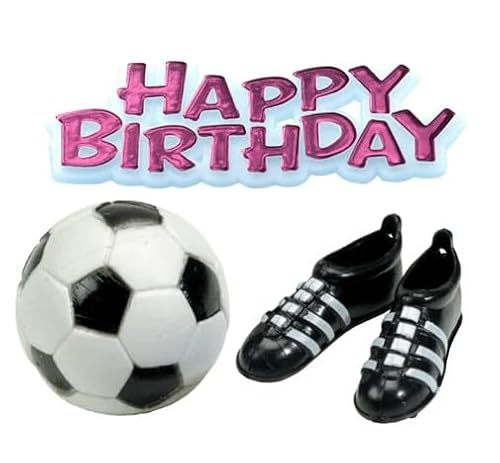 Jubiläumshaus Fußball Kuchendekorationen, Fußball Kuchen Topper Fußball Geburtstag Dekorationen, Kuchendekorationen für Männer, Fußball, Stiefel & Rosa Happy Birthday Motto, 4 Stück, BU315 von ‎Anniversary House