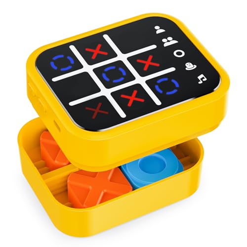 Anoawens Wiederaufladbare Tic Tac Toe Spiel Box mit 5 Spaß Gehirn und Gedächtnis Spiele, Kompakte Handheld Puzzle Spielkonsole, Tragbare Reise Spiel Altersgruppen 3+(gelb) von Anoawens