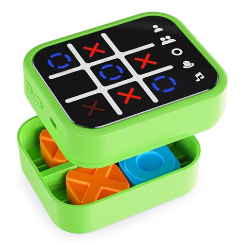 Anoawens Wiederaufladbare Tic Tac Toe Spiel Box mit 5 Spaß Gehirn und Gedächtnis Spiele, Kompakte Handheld Puzzle Spielkonsole, Tragbare Reise Spiel Altersgruppen 3+(grün) von Anoawens
