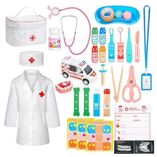 Anpro Houten dokterskoffer kinderspeelset met stethoscoop, Arzttasche, tandartsaccessoires en Meer, speelgoed voor rollenspel, 34 stuks, medische kit voor kinderen vanaf 3-8 jaar von Anpro