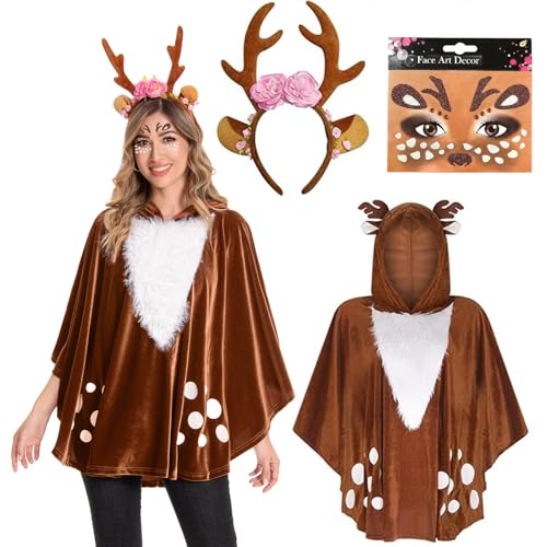 Deer Costume Ladies with Antlers Headband Tattoo Socks Reindeer Costume Adults Ladies Women Bambi Costume Ladies Carnival Costume Ladies Deer Poncho Cloak Fawn Deer Costume Ladies for Carnival von Anraocoss