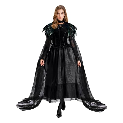 Schwarzer Tüll Umhang Lang mit Feder Kragen Feder Cape Halloween Maleficent Accessoires (Schwarz) von Anraocoss