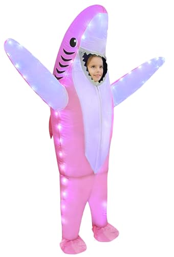 Anroong Aufblasbare Kostüme für Kinder Hai Kostüm mit LED Lichtern Halloween Aufblasen Beleuchtete Hai Kostüm Jungen Mädchen Party Cosplay (Rosa Hai) von Anroong