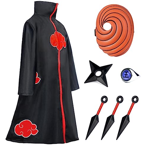 Akatsuki Mantel für Kinder Erwachsener Unisex Cosplay Kostüm, Cosplay Halloween Weihnachten Party Kostüm Umhang mit Maske und Ring (Schwarz, M) von Ansamy