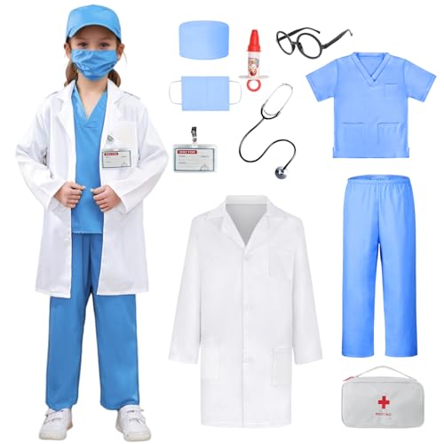 Ansamy Arztkoffer Kinder Kostüm Cosplay Arzt, Kinderkostüm Set mit Spielzubehör für Mädchen Jungen, Lernspielzeug Geschenke für Kinder 4 5 6 7 8 9 10 Jahre (Blau, 120) von Ansamy