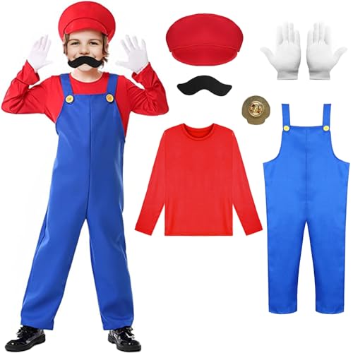 Super Brüder Kostüm für Kinder Erwachsene, Faschingskostüme Herren, Super Brüder Cosplay Kostüm mit T-Shirt Mütze Hose Bart Handschuhe für Halloween Karneval Faschingskostüme (Rot(Kinder)1, S) von Ansamy