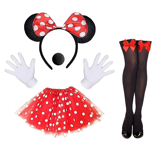 Ansamy Damen Maus Mouse Kostüm, rote Tutu mit weiß Gepunktet, Haarreifen mit schwarz Ohren und rote Schleife, Cosply Kostüm Accessoire für Halloween Motto Party von Ansamy