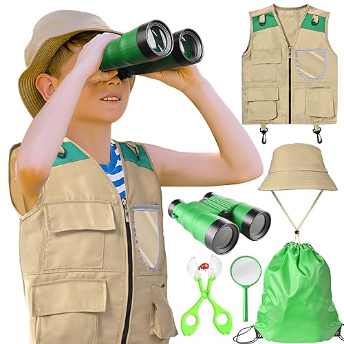 Ansamy Forscherset, Entdecker Set Kinder Weste, Hut, Fernglas, Lupenglas, für Outdoor Spielzeug Kinder ab 6, Outdoor Adventurer Explorer Set für Wandern, Camping (Set 2) von Ansamy