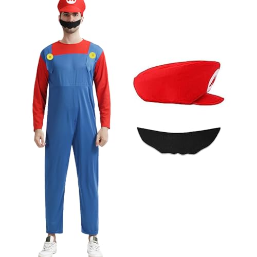 Ansamy Super Brüder Kostüm Kinder Erwachsene, Fasching Kostüm kinder, Verkleidung Halloween Karneval Cosplay Costüm Outfit für Herren Jungen (rote Erwachsener Kostüme(herren), S) von Ansamy