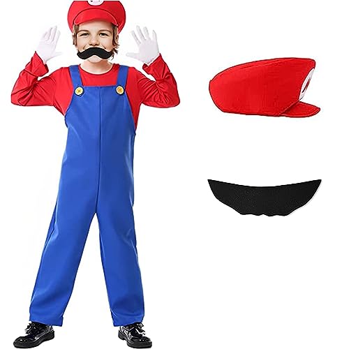 Ansamy Super Brüder Kostüm Kinder Erwachsene, Fasching Kostüm kinder, Verkleidung Halloween Karneval Cosplay Costüm Outfit für Herren Jungen (rote Kinder Kostüme(jungen), L) von Ansamy