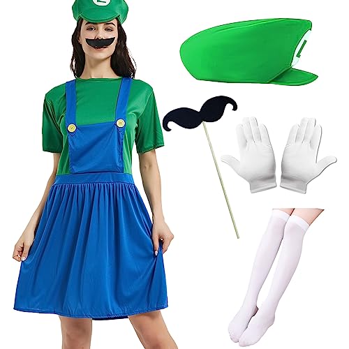 Ansamy Super Brüder Kostüm Kinder Erwachsene, Fasching Kostüm kinder, Verkleidung Halloween Karneval Cosplay Costüm Outfit für Mädchen Damen (grüne Erwachsener Keid(damen), XL) von Ansamy