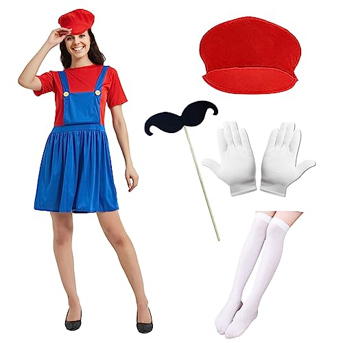 Ansamy Super Brüder Kostüm Kinder Erwachsene, Fasching Kostüm kinder, Verkleidung Halloween Karneval Cosplay Costüm Outfit für Mädchen Damen (rote Erwachsener Keid(damen), M) von Ansamy