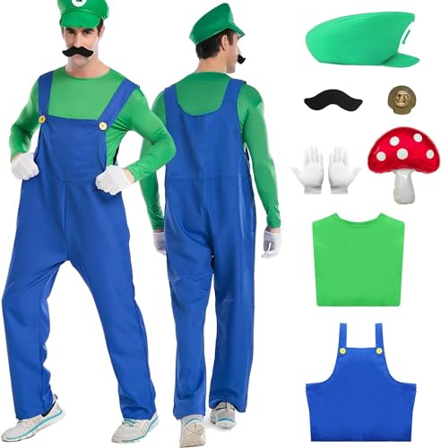 Super Brüder Kostüm für Kinder Erwachsene, Faschingskostüme Herren, Super Brüder Cosplay Kostüm mit T-Shirt Mütze Hose Bart Handschuhe für Halloween Karneval Faschingskostüme (Grün(erwachsener)1, M) von Ansamy