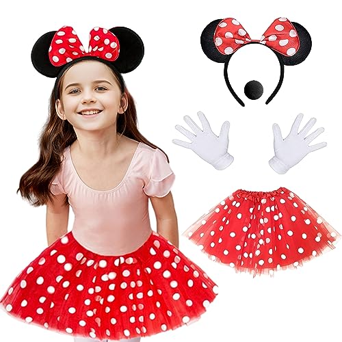 Ansamy Maus Mouse Kostüm für Mädchen Kinder, roter Rock mit Tüll, Haarreif mit roter Schleife & weißen Punkten, Halloween Cosply Kostüm für Kindergeburtstag Fasching Karneval Motto Party von Ansamy