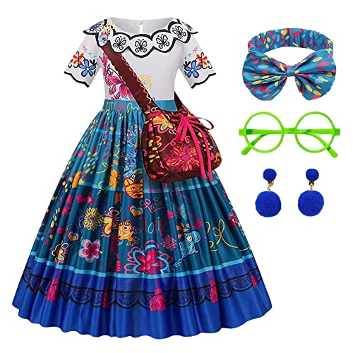 Ansamy Mirabelle Kostüm Mädchen Kostüm Prinzessin Kinder, Mirabel Kleid Set mit Tasche/Brille/Ohrring/Haarband, Faschingskostüme Mädchen Halloween Geburtstag Party Cosplay Costüm (110(100-110 cm)) von Ansamy