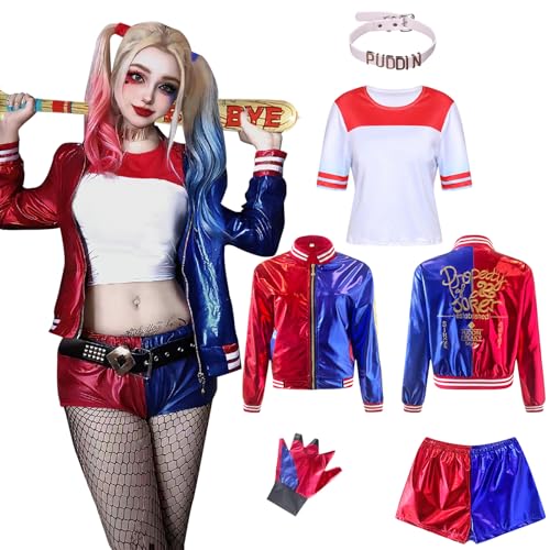 Ansamy Quinn Cosplay Kostüme für Erwachsene Kinder, Mädchen Bösewicht Suicide Kostüm Kit enthalten Jacke, T-Shirt, Shorts und Handschuh für Halloween Karneval Cosplay (Erwachsener, 2XL) von Ansamy