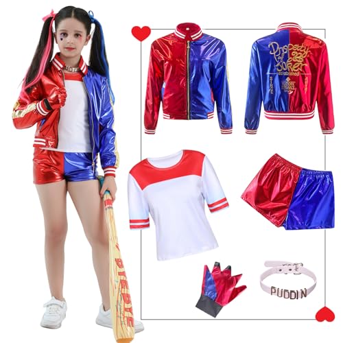 Ansamy Harley Cosplay Kostüme für Erwachsene Kinder, Mädchen Bösewicht Suicide Kostüm Kit enthalten Jacke, T-Shirt, Shorts und Handschuh für Halloween Karneval Cosplay (Kinder, 120/M) von Ansamy