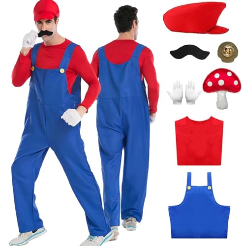 Ansamy Super Brüder Kostüm für Kinder Erwachsene, Faschingskostüme Herren, Super Brüder Cosplay Kostüm mit T-Shirt Mütze Hose Bart Handschuhe für Halloween Karneval Faschingskostüme (Rot, M) von Ansamy