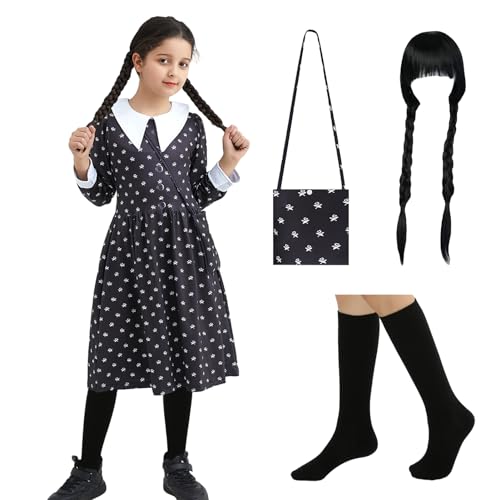 Damen Halloween Kostüm Erwachsene, Mädchen Wednesday Kleid, Gothic-Adrette-Stil Kleid Set, Anime Cosply Kostüm für Halloween Karneval Party Outfits (Addams Kleid-Set 3, S(152-158 cm)) von Ansamy