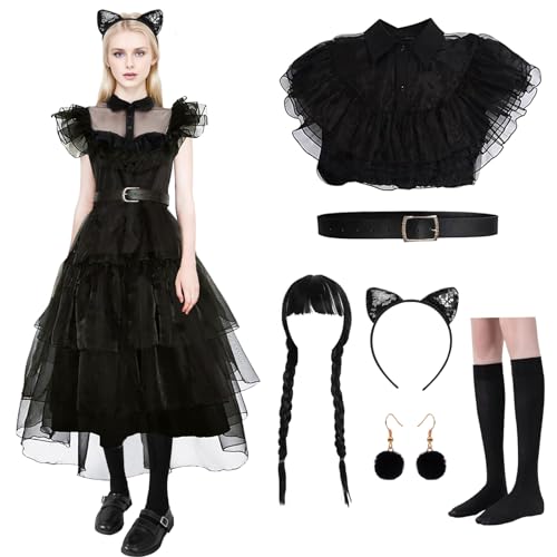 Damen Halloween Kostüm Erwachsene, Mädchen Wednesday Kleid, Gothic-Adrette-Stil Kleid Set, Anime Cosply Kostüm für Halloween Karneval Party Outfits von Ansamy