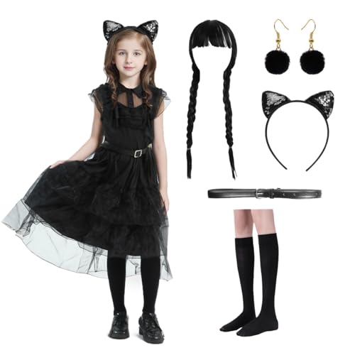 Damen Halloween Kostüm Erwachsene, Mädchen Wednesday Kleid, Gothic-Adrette-Stil Kleid Set, Anime Cosply Kostüm für Halloween Karneval Party Outfits (Kleid-Set 4, 120(115-125 cm)) von Ansamy