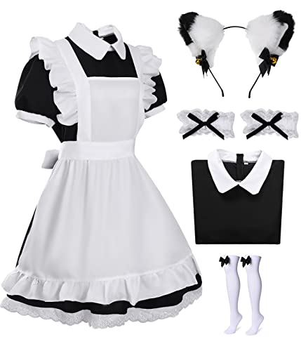 Maid Dress Cosplay Anzug Damen Maid Outfit für Mädchen Halloween Cosplay Kostüm Lolita Dress mit Kopfbedeckung Handschuhe Strümpfe (Small, Schwarz) von Ansamy