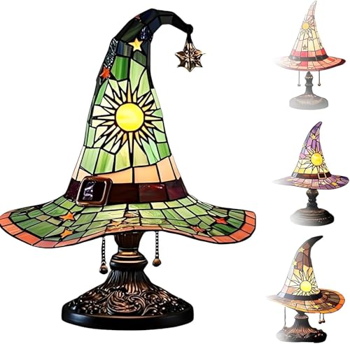Anshka Hexenhut-Lampen, handgefertigte Gothic-Wizard-Hut-Form-Lichter, Buntglas-Hexenhut-Lichter, einzigartige Vintage-Lampe, für Schlafzimmer, Party, Halloween-Dekor (grün) von Anshka