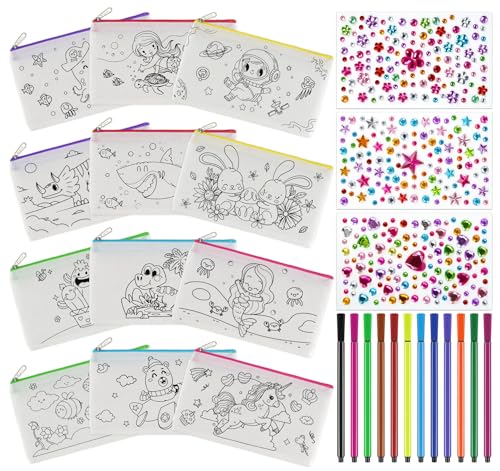 Anstore 12 Federmäppchen zum Bemalen für Kinder mit 12 Buntstifte, 3 Blatt Glitzersteine Selbstklebend, Stoffbeutel zum Bemalen mit Reißverschluss für Kindergeburtstag für Kosmetiktasche zum Bemalen Anstore 12 Federmäppchen zum Bemalen für Kinder mit 12 Buntstifte, 3 Blatt Glitzersteine Selbstklebend, Stoffbeutel zum Bemalen mit Reißverschluss für Kindergeburtstag für Kosmetiktasche zum Bemalen von Anstore