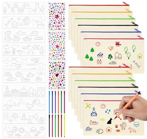 Anstore 12 Stück Stoffbeutel zum Bemalen für Kinder, DIY Blanko Stoff Federmäppchen um Bemalen mit 12 Buntstiften, 10 Schablonen Malen, 3 Blatt Glitzersteine, Bastelset Kindergeburtstag (21x12cm) von Anstore