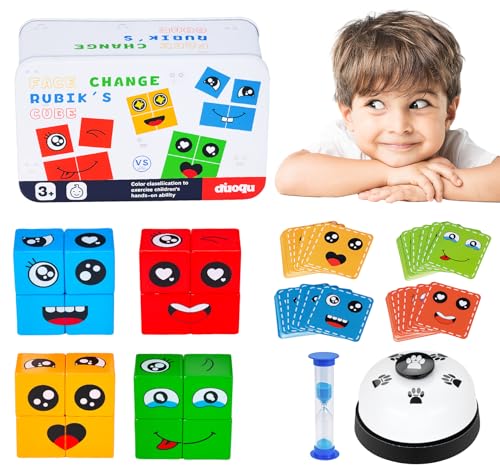 Anstore 3D Puzzle Face Changing Magic Cube, Gesichter Puzzle Bauwürfel Ausdruck Holzpuzzle, Bausteine Holz Würfel Bunt in 4 Farben Montessori Toy, Holzwürfel Spiele mit Glocke and Sanduhr für Kinder von Anstore