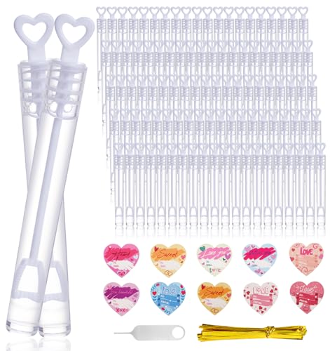 Anstore Seifenblasen Hochzeitset 110 Stück, Mini Seifenblasen mit Skelett-Herzgriff, Seifenblasen Set mit 110 Herzförmiger Karte Seifenblasen Stäbe Spielzeug für Party, Geburtstage, Hochzeit von Anstore