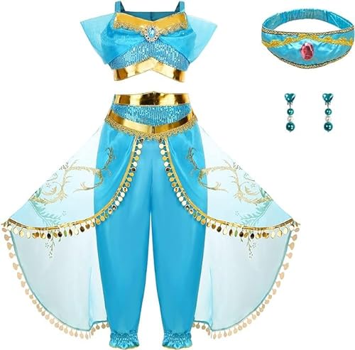 AntDiseno Prinzessin Jasmin Kostüm für Mädchen Aladdin Dress Up mit Stirnband und Ohrringen Verkleidung für Halloween Geburtstagsfeier Blau von AntDiseno