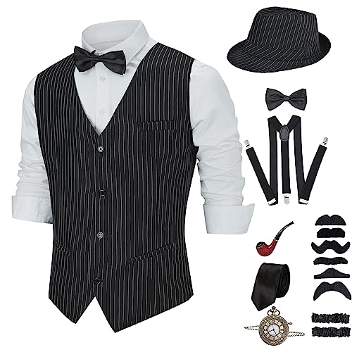 Antbutler Herren Kostüm 20er Jahre, Gatsby Gangster Kleidung Mafia Peaky Blinders Kostüm Cosplay Outfit, 1920s Jahre Accessoires für Mann Karneval Halloween von Antbutler