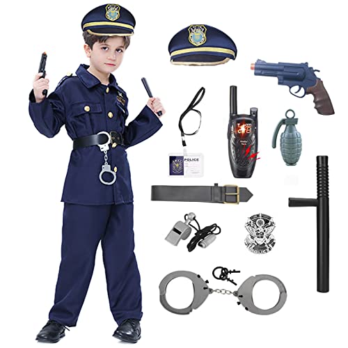Antbutler Kinder Polizei Kostüm 7ps Polizei Ausrüstung Dress up Polizei Hemd Hosen Polizeimütze für Halloween Karneval Junge (L) von Antbutler
