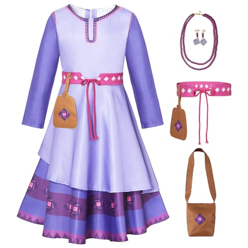 Antbutler Mädchen wünschen Wish Asha Kostüm Kind Prinzessin Kleid Coplay Outfit Dress Up Ohrring Halsketten, 140(9-11Years), Lila von Antbutler