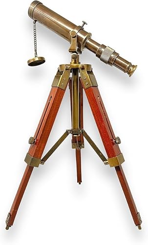 Antique Vibes Seemanns- / Piraten-Stil Teleskop auf Holz-Stativ, viktorianisches Design, Antik-Finish, Marineblau, Spyglass Scope Messing & Braun von Antique Vibes