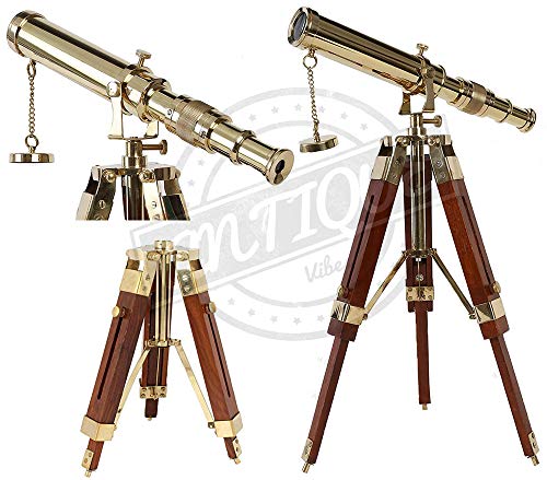 Antique Vibes Seemanns-Teleskop mit glänzendem Messing-Finish und viktorianischem Holz-Ständer, nautische Dekoration, Geschenk von Antique Vibes
