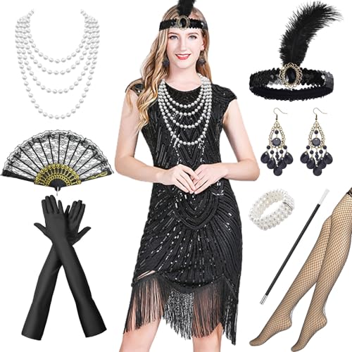 Antsparty 20er Jahre Kostüm Damen Charleston Kleid, V-Ausschnitt Pailletten Perlen Fransen Kleid mit 20er Jahre Accessoires, Vintage Gatsby Kleid für Faschingskostüm von Antsparty