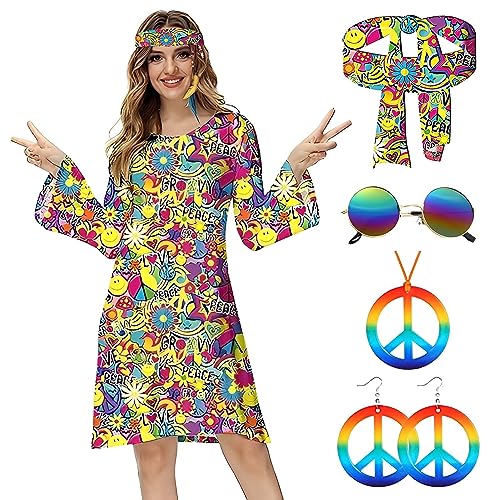 Antsparty 5 Stück Hippie Kostüm für Damen, 60er 70er Bekleidung Damen Hippie Kleid Frauen Mädchen Disco Kleider, Damen Retro Disco Outfit Faschingskostüm für Karneval Party von Antsparty