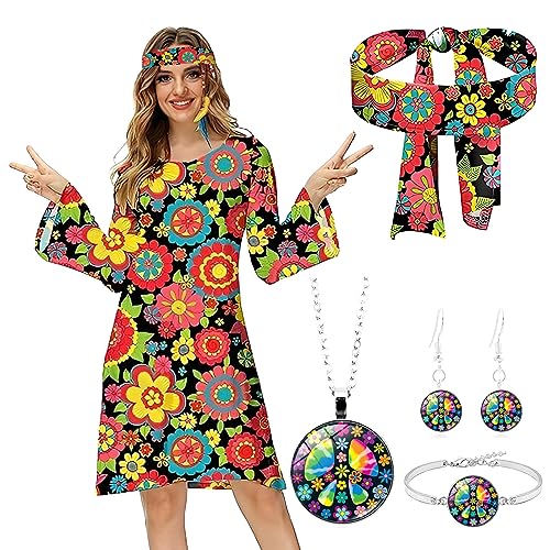 Antsparty 5 Stück Hippie Kostüm für Damen, 60er 70er Bekleidung Damen Hippie Kleid Frauen Mädchen Disco Kleider, Damen Retro Disco Outfit Faschingskostüm für Karneval Party von Antsparty