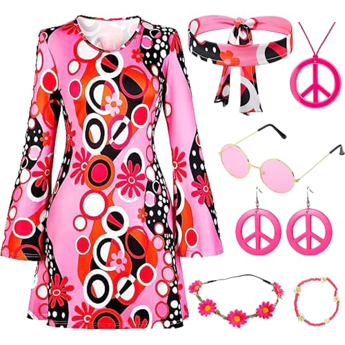 Antsparty 5 Stück Hippie Kostüm für Damen, 60er 70er Bekleidung, Hippie Kleid für Frauen Mädchen, Disco Kleider, Retro Outfit Faschingskostüm für Karneval Party von Antsparty