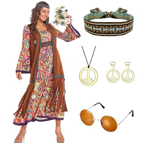 Antsparty 60er 70er Jahre Hippie Kostüm Damen Set mit Hippie Accessoires, Retro Damen Hippie Kleidung Disco Outfit für Halloween Karneval Party Cosplay Antsparty 60er 70er Jahre Hippie Kostüm Damen Set mit Hippie Accessoires, Retro Damen Hippie Kleidung Disco Outfit für Halloween Karneval Party Cosplay von Antsparty