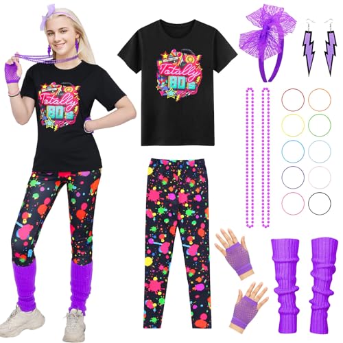 Antsparty 80er 90er Jahre Outfit Damen, 80er Jahre Kostüm Set mit 80s T-Shirt Leggins Haarband Ohrring Halskette Armband Beinstulpen, 80s Aerobic Bad Taste Outfit für Karneval Party von Antsparty