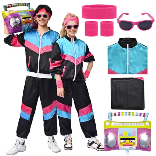 Antsparty 80er 90er Jahre Outfit Herren Damen, 80er 90er Jahre Retro Trainingsanzug, Kostüm 80s Disco Jacke Hose Anzug für Erwachsene für Karneval Cosplay Kostüm Verkleidung Fasching Party von Antsparty