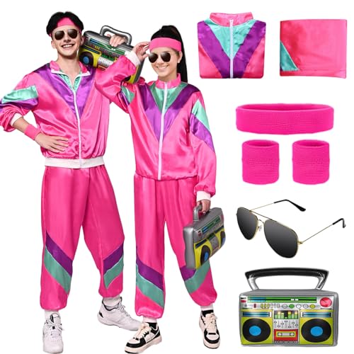 Antsparty 80er 90er Jahre Outfit Herren Damen, 80er 90er Jahre Retro Trainingsanzug, Kostüm 80s Disco Jacke Hose Anzug für Erwachsene für Karneval Cosplay Kostüm Verkleidung Fasching Party von Antsparty