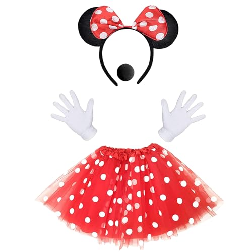 Antsparty Damen Mädchen Maus Mouse Kostüm, Rote Tutu mit weiß Gepunktet, Gepunktet Tütü Rock Haarreifen mit Ohren und rote Schleife und Handschuhe, Cosply Kostüm für Halloween Motto Party von Antsparty