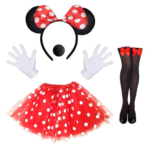 Antsparty Damen Maus Mouse Kostüm, Rote Tutu mit weiß Gepunktet + Maus Ohren Haarreifen + Handschuhe + Nase, Mädchen Maus Kostüm für Fasching Karneval Cosplay Party von Antsparty