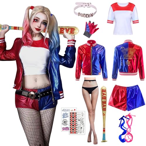 Antsparty Halloween Cosplay Kostüm für Erwachsene Kinder, Mädchen Bösewicht Suicide Kostüm mit Jacke T-shirt Shorts Handschuhe, Halloween Karneval Cosplay Kostüme Damen Kinder von Antsparty