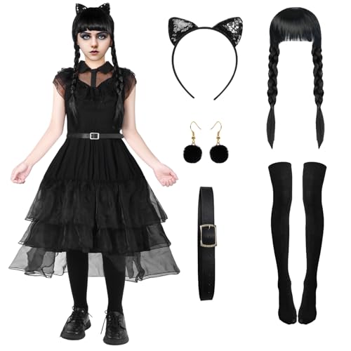 Antsparty Schwarz Kleid Kostüm für Mädchen Damen, Gothic Kleider Outfits mit Perücke, Stirnband, Ohrring, Socken, Gothic Kleidung für Halloween Karneval Cosplay Party von Antsparty