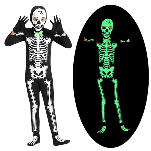 Antsparty Halloween Skelett Kostüm für Kinder, Leuchtendes Totenkopf Kleidung in der Dunkelheit, Horror Halloween Skelett Kostüme Cosplay für Halloween Karneval Party Jungen Mädchen von Antsparty